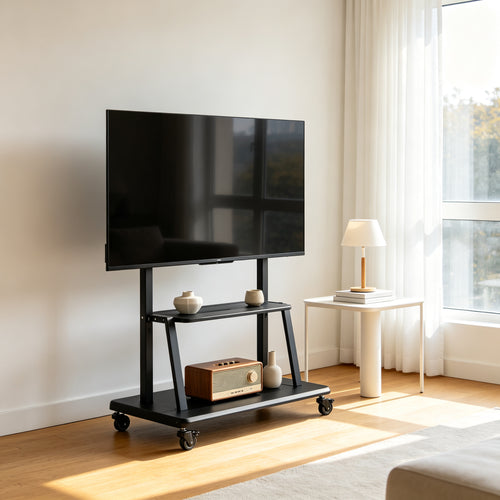 casacocinaes BONTEC TV Stand Wheels for TVs from 23 to 60 Inches, LED, LCD, OLED Flat and Curved, TV Stand with Mobile Wheels with Tilt and Media Shelf, up to 40 kg, Max. VESA 400x400 mm